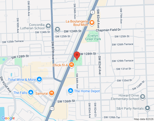 Map showing location at 12855 Pinecrest Parkway, Pinecrest, FL