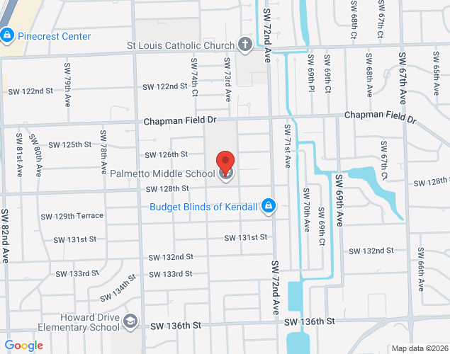 Map showing location at 7351 Southwest 128th Street, Pinecrest, FL