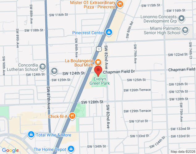 Map showing location at 8200 Southwest 124th Street, Pinecrest, FL