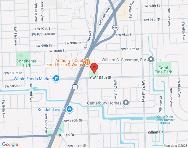 Map showing location at 7551 Southwest 104th Street, Pinecrest, FL