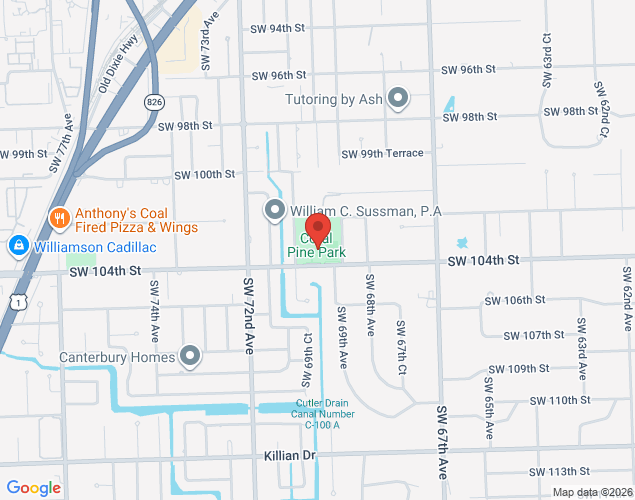 Map showing location at 6955 Southwest 104th Street, Pinecrest, FL