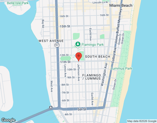 Map showing location at 11th Street and Jefferson Avenue, Miami, FL