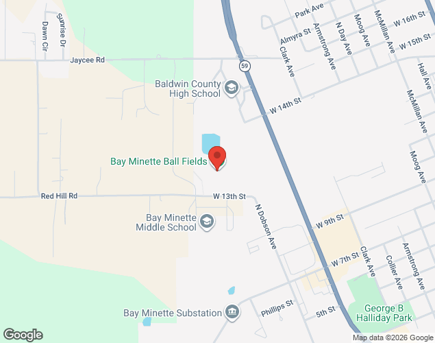 Map showing location at 1310 W 13TH STREET, BAY MINETTE, AL