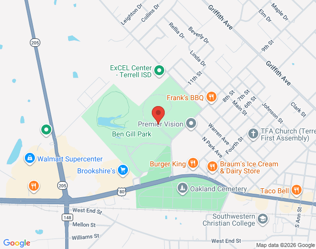 Map showing location at 100 9th Street, Terrell, TX