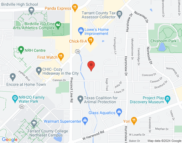 Map showing location at 2104 Precinct Line Road, Hurst, TX