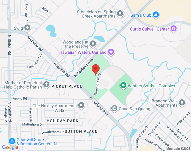 Map showing location at 1330 Spring Creek Drive, Garland, TX