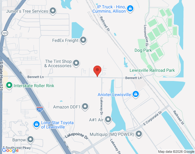 Map showing location at 1301 S. Railroad Street, Lewisville, TX