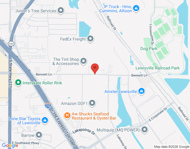 Map showing location at 1301 S. Railroad Street, Lewisville, TX