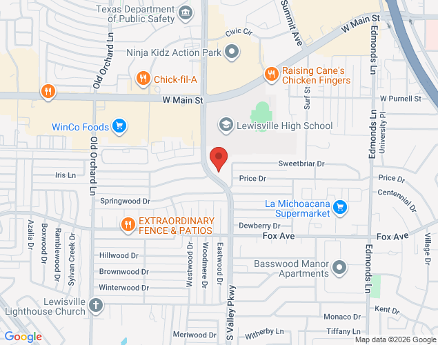 Map showing location at 801 South Valley Parkway, Lewisville, TX