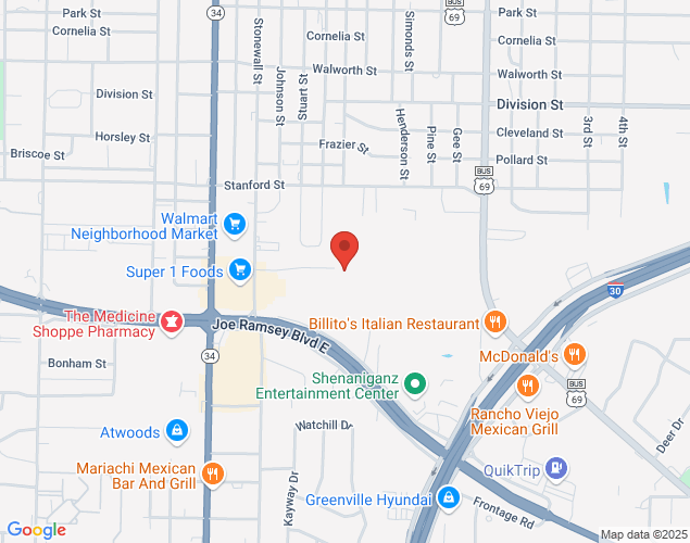 Map showing location at 2 Lou Finney Ln, Greenville, TX