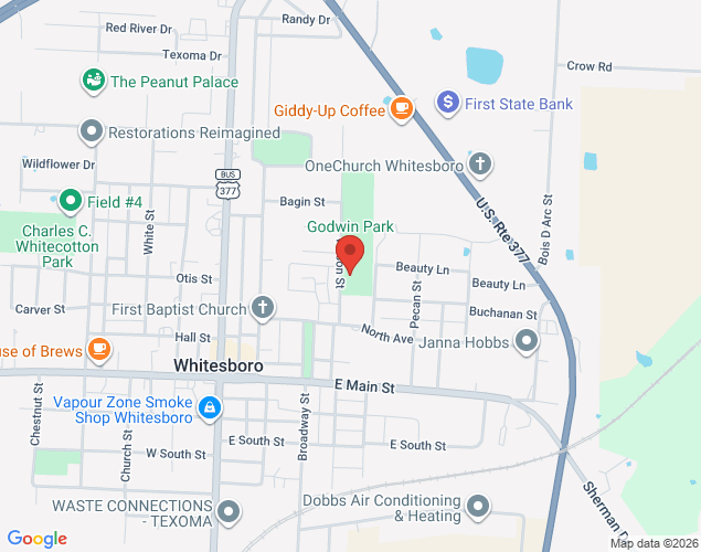 Map showing location at 307 Wilson Street, Whitesboro, TX