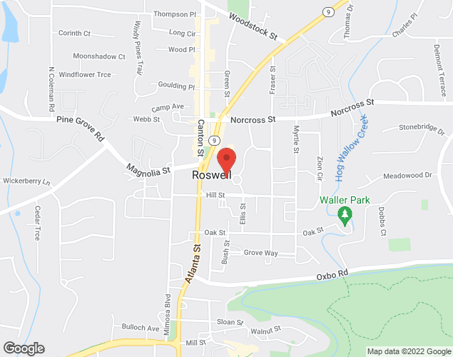 Map showing location at 38 Hill Street, Roswell, GA