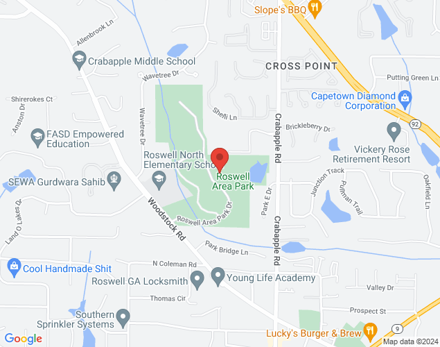 Map showing location at 10495 Woodstock Road, Roswell, GA