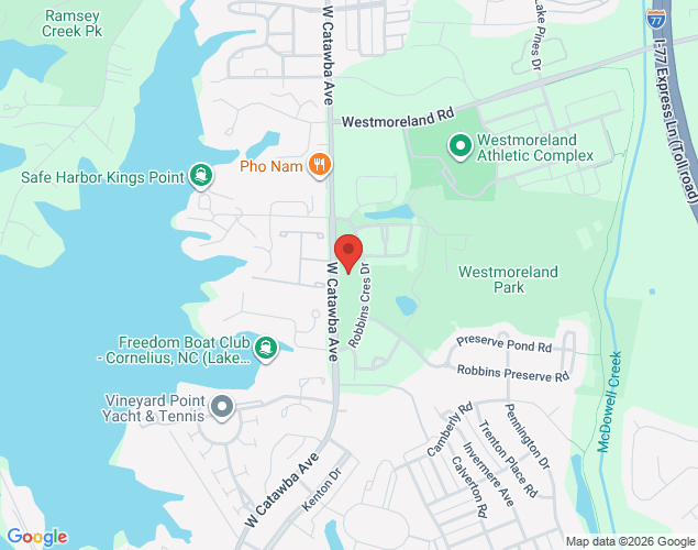 Map showing location at 17738 West Catawba Avenue, Cornelius, NC