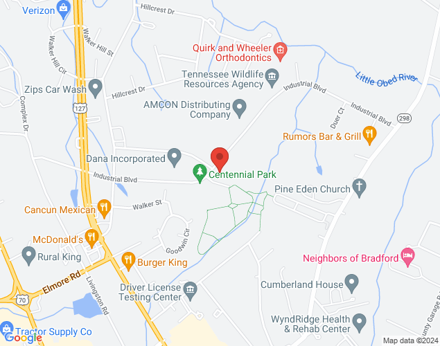 Map showing location at 837 Industrial Bv., Crossville, TN