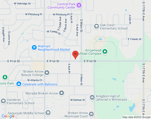 Map showing location at 202 E 91st Street, Broken Arrow, OK