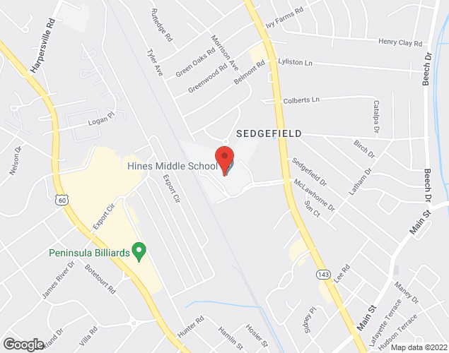 Map showing location at 561 McLawhorne Drive, Newport News, VA