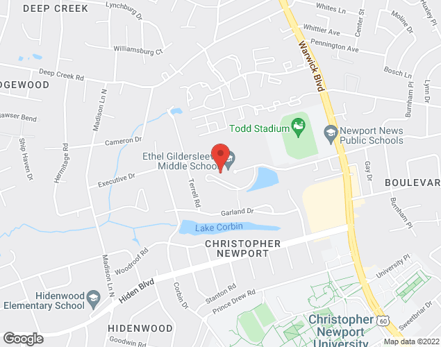 Map showing location at 1 Minton Drive, Newport News, VA