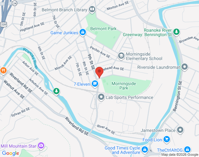 Map showing location at 1636 9th Street Southeast, Roanoke, VA