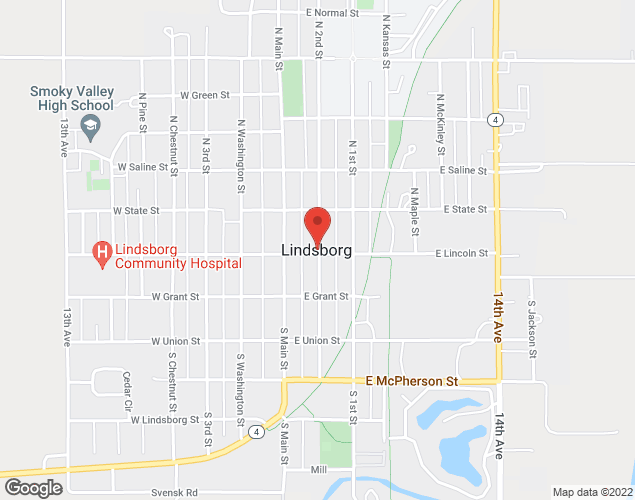 Map showing location at 101 S. Main, P.O. Box 70, LINDSBORG, KS