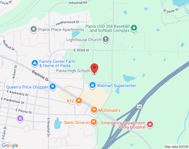 Map showing location at 401 Angela Street, Paola, KS