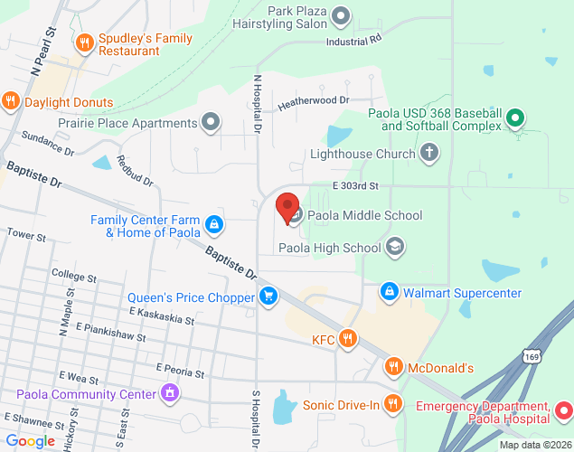 Map showing location at 405 North Hospital Drive, Paola, KS