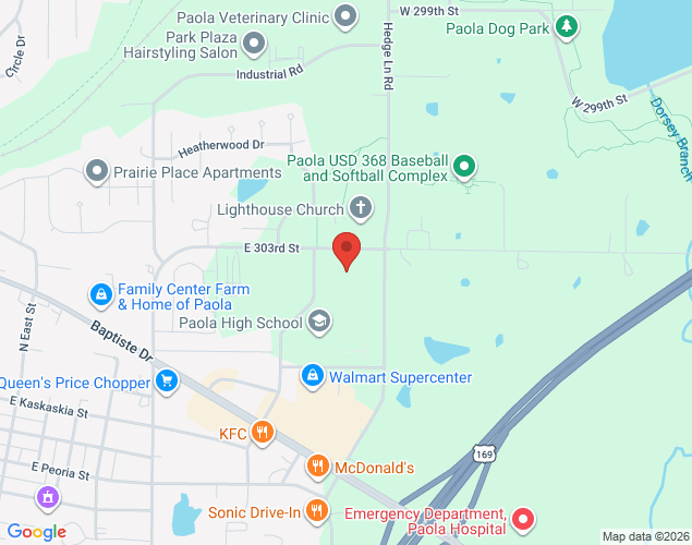 Map showing location at 1401 East 303rd Street, Paola, KS
