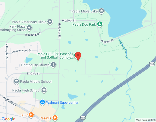 Map showing location at 709 Hedge Lane Road, Paola, KS