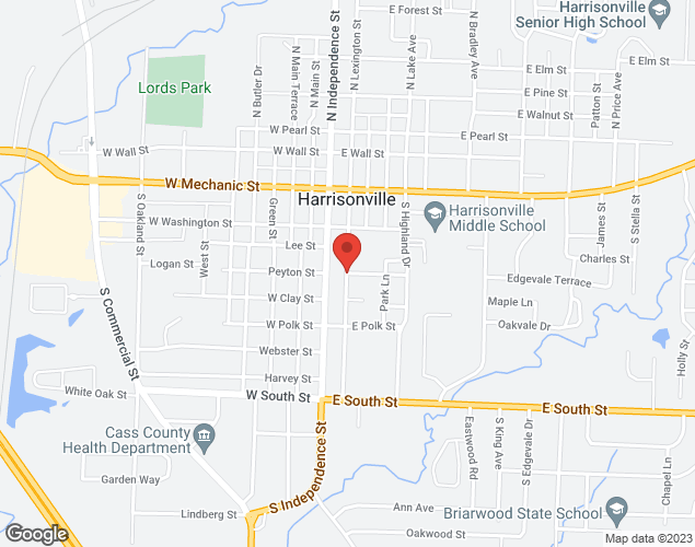 Map showing location at Sycamore and Lexington Streets, Harrisonville, MO