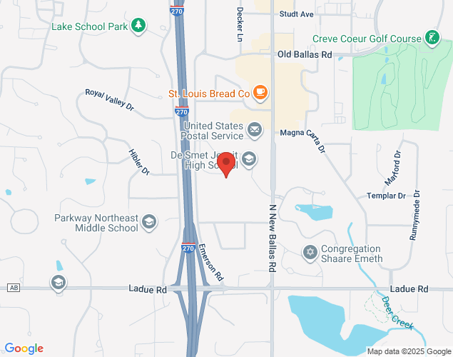 Map showing location at 233 N New Ballas Rd, Saint Louis, MO
