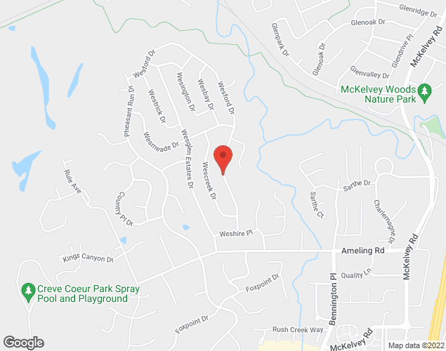 Map showing location at Creve Coeur County Park, Maryland Heights, MO