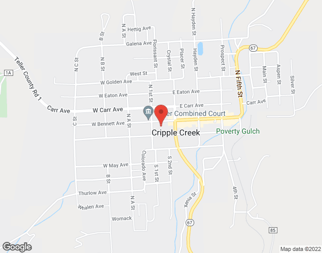 Map showing location at 128 E. Bennett Ave, Cripple Creek, CO
