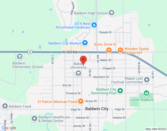 Map showing location at 712 Chapel St., Baldwin City, KS