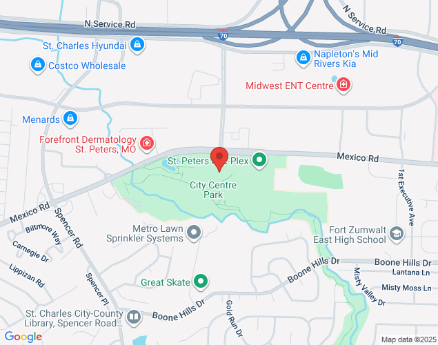 Map showing location at 1 St Peters Centre Blvd, St. Peters, MO