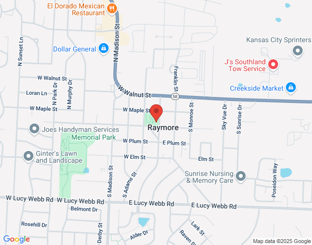 Map showing location at 214 S Washington St., Raymore, MO