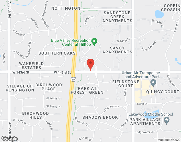 Map showing location at 7720 W. 143rd Street, Overland Park, KS