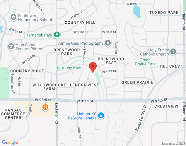 Map showing location at 9301 Greenway Lane, Lenexa, KS