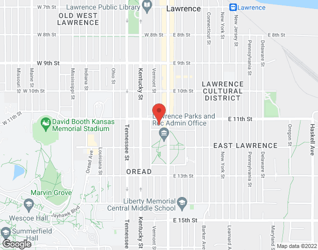 Map showing location at 115 West 11th Street, Lawrence, KS