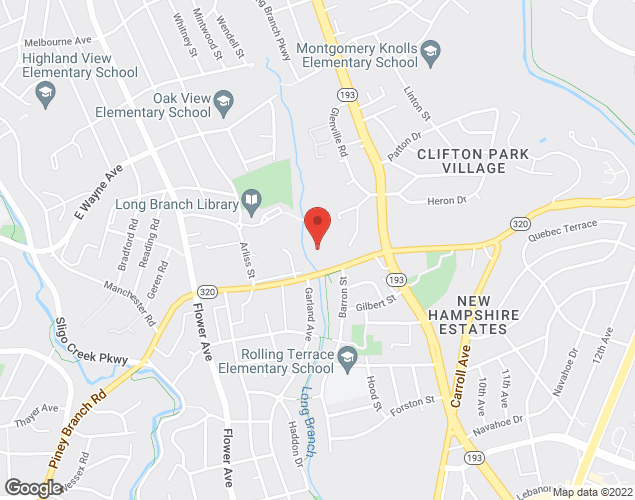 Map showing location at 8700 Piney Branch Rd., Silver Spring, MD