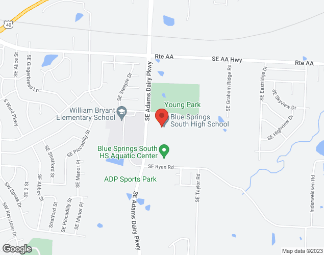 Map showing location at 1200 SE Adams Dairy Pkwy, Blue Springs, MO