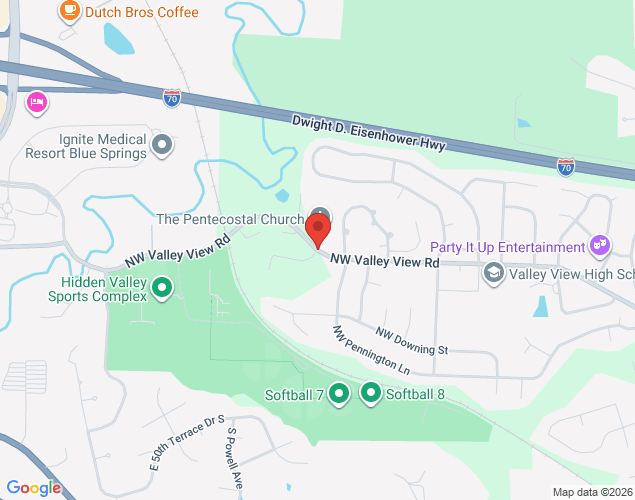 Map showing location at 1368 Northwest Hidden Ridge Circle, Blue Springs, MO