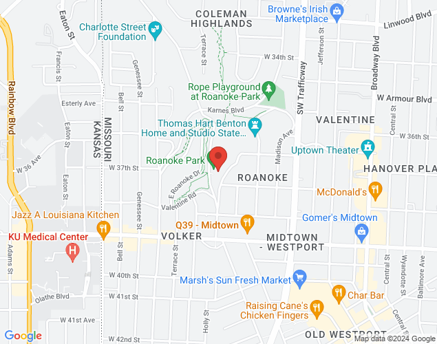 Map showing location at 3601 Roanoke Road, Kansas City, MO