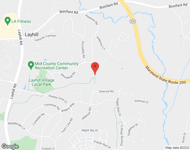 Map showing location at Winding Creek Local Park east to Alderton Road, Wheaton, MD