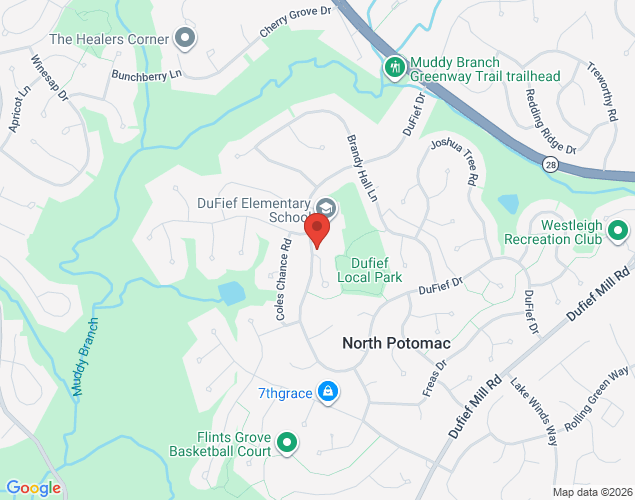 Map showing location at 14997 DuFief Drive, North Potomac, MD