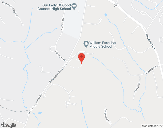 Map showing location at 16915 Batchellors Forest Rd., Olney, MD