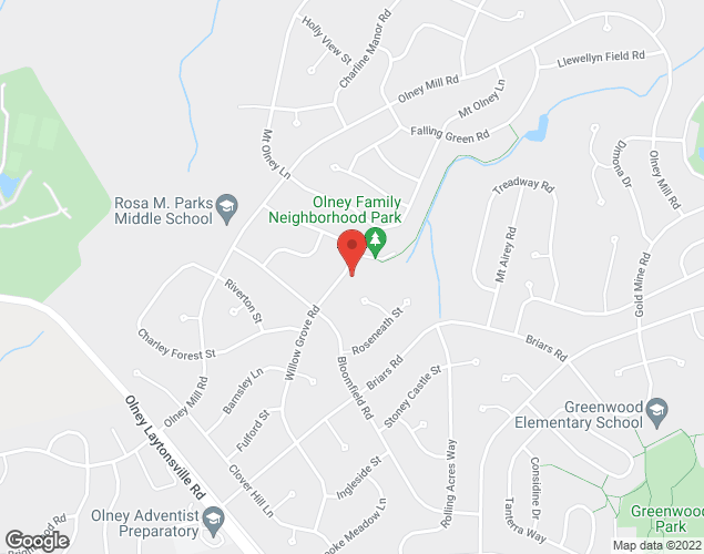 Map showing location at 19117 Willow Grove Rd., Olney, MD