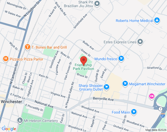 Map showing location at 623 North Pleasant Valley Road, Winchester, VA