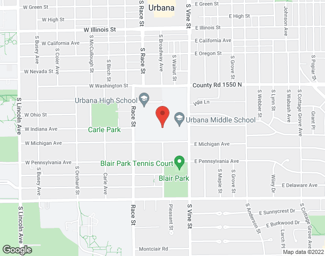 Map showing location at 102 E. Michigan Ave., Urbana, IL