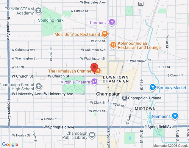 Map showing location at 301 N. Randolph Street, Champaign, IL