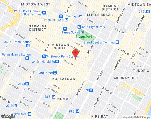 Map showing location at 19 West 36th Street, 4th Floor, New York, NY